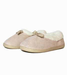 Acogedoras pantuflas sin cordones beige de felpa para mujer lazo satinado y forro de piel sintética (14005) - Imagen 1 de 3