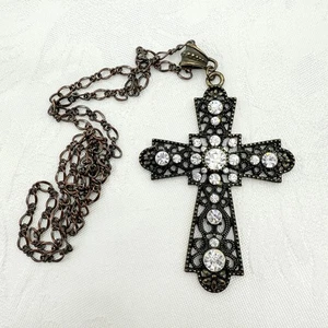 Goldfarbene filigrane Kreuz 24" Halskette mit AB Strass & kupferfarbener Kette - Bild 1 von 9