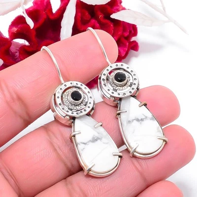 Natural White Howlite & Black Onyx 925 Sterling Silver Earring 2.15" E83512 - Image 1 of 4