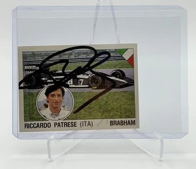 F1, RICCARDO PATRESE FIRMADO EXTRA RARO FIGURA PANINI BRABHAM TARJETA ADHESIVA Foto 1 de 3