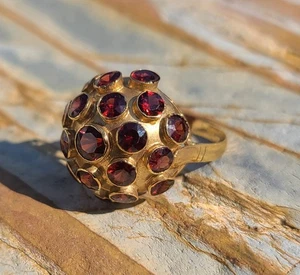 Anillo de cóctel Sputnik vintage de oro de 18 quilates y granate talla 6 cúpula orbe MCM - Imagen 1 de 24