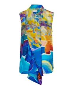 NWT Ulla Johnson Milo Top Tuck Sunset Ocean Painting Sun Abstract Blue Silk 4 - Picture 1 of 13