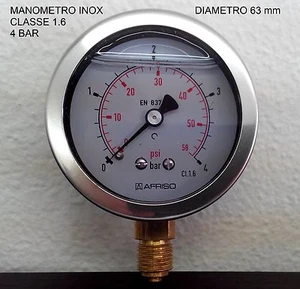 MANOMETRO 0-4 BAR CLASSE 1.6 INOX DIAMETRO 63mm GLICERINA 1/4" - Foto 1 di 1