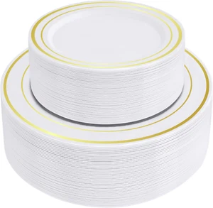 [100 Piece Combo White Gold Rimmed Plastic Plates, Disposable Plates for Party - - Picture 1 of 7