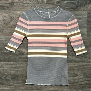 Free People Women's Layering Donna Stripe Top Shirt Gray Pink Stretch Large - Picture 1 of 11