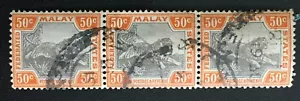 Malaya 1922 Federated Malay States FMS Tiger 50c 3V Block Used MSCA SG#74b M3519 - Picture 1 of 3