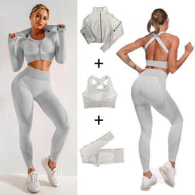 Women Long Sleeve Yoga Set Zipper Crop Top Sport Bra Gym Fitness Suit Gray 3 Pcs • 11.03€