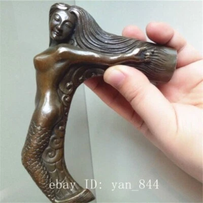 Collect old brass auspicious hand carved Mermaid statue Walking Stick Cane Head - Image 1 of 4