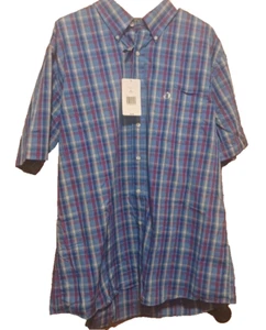 Camisa con botones Saddlebred para hombre manga corta clásica azul a cuadros mezcla de algodón -XL - Imagen 1 de 5
