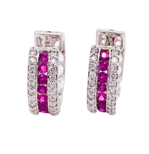 1.56ct Natural Round Diamond 14K BIS Hallmarked White Gold Ruby Hoop Earrings - Picture 1 of 6