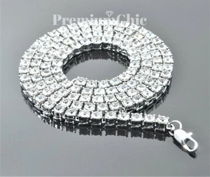14k White Gold Plated Tennis Chain Choker Clear CZ Stone Mens Hip Hop Necklace - Picture 1 of 17