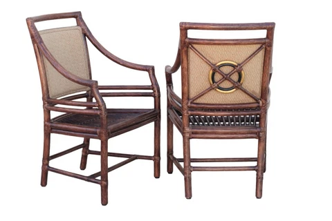 Authentic Pair McGuire Rattan Target Back Arm Chairs Organic Modern Palm Beach Cover