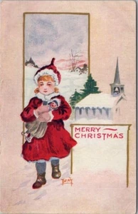 Tarjeta postal de FELIZ NAVIDAD 1910 niña con muñeca / iglesia - artista - firmada Beaty - Imagen 1 de 2