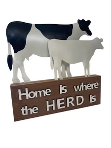 ‘ Home is Where the Herd is ‘ Cow Farmhouse Home Decor 9”x9”x1” Metal And Wood - Picture 1 of 8