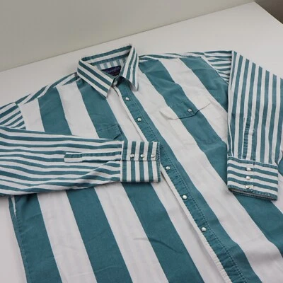 Vtg Wrangler Brushpopper Western Shirt Men’s XXL 18.5-36 Pearl Snap Teal Striped - Image 1 of 4