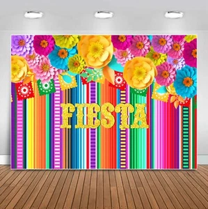 Mexican Fiesta Party Backdrop Color Stripes Paper Flower Fiesta Theme Photogr... - Picture 1 of 8