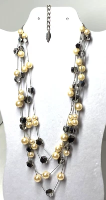 Coldwater Creek Multi Layer Necklace Ivory Color Faux Pearl Smokey Crystal Glass - Image 1 of 4