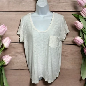 James Perse weißes Boyfriend-T-Shirt tiefer U-Ausschnitt Tasche Gr. 4 Kurzarm - Bild 1 von 7