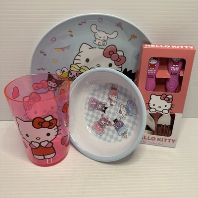 Hello Kitty Meal Set ~ Melamine Side Plate, Bowl, Plastic Cup + 2pc Cutlery Set - image 1 of 4
