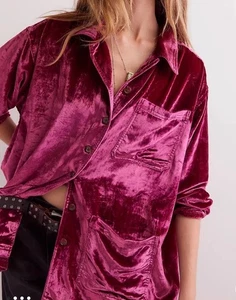 We The Free Off Duty Velvet Shirt Rhododendron Button Size XL Oversized Baggy - Picture 1 of 13