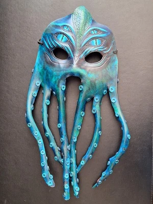 Handcrafted Leather Cthulhu Mask, Handmade, Hand Painted, Aqua Green, Tentacles - Image 1 of 4