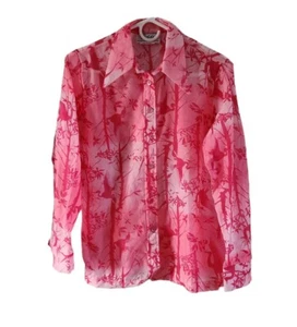Vintage Teddi Of California Pink Bird Trees Sheer Nylon Button Front Blouse 14 - Picture 1 of 6