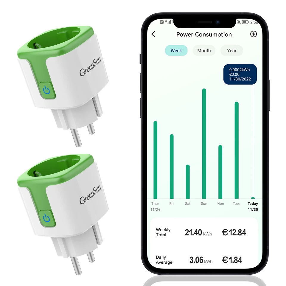 2×GreenSun WLAN Steckdose Strommessung WIFI Smart Steckdose Energiekostenmesser