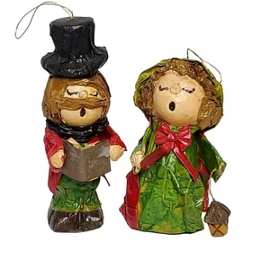 2 Paper Mache Christmas Caroler Ornaments Man 6" Woman 5" Green Red Black - Picture 1 of 7