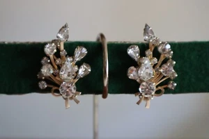 Vintage Gold Tone Clear Glass Rhinestone Flower Bouquet Clip Earring Teardrop - Picture 1 of 11