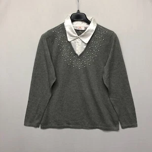 Quacker Factory Women Rhinestone Collared Sweater Size Large Gray M144 -7 - Picture 1 of 14