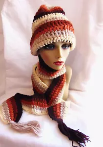 Vintage 60s Knit Mod Hat Scarf Set Beanie Made in England Browns Tassels Abacus - Picture 1 of 9