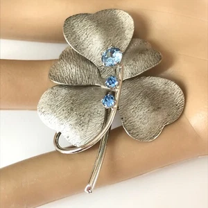 Vintage 925 Sterling Silver Carl Art Blue Rhinestone Clover Leaf Brooch Pin - Picture 1 of 3