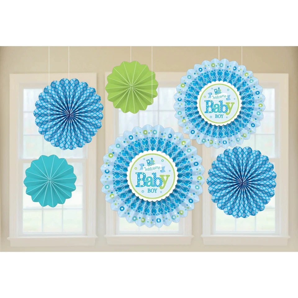 Welcome Little One Boy Blue Train Baby Shower Party Paper Fan Decorations - Image 1 of 1