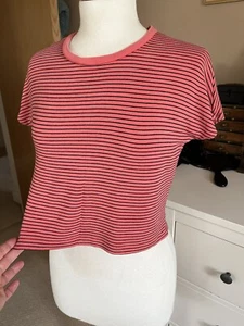 Zara T-Shirt Size L Orange & Black Striped Top Cropped Short Sleeves, Stretchy - Picture 1 of 21