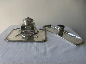 GALLIA CHRISTOFLE. Antique office kit Inkwell.Silver bronze.Crossed ribbons - Picture 1 of 12