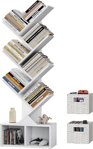Tree Bookshelf, 6 Tier Bookshelf with Storage, Tall Narrow Bookcase, Rustic Wood - Picture 1 of 9