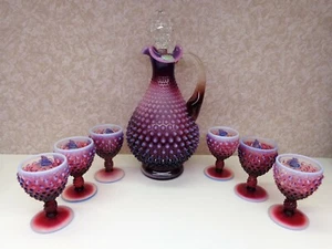 Fenton Art Glass PLUM OPALESCENT Hobnail Decanter 6 Goblets Cordial Set OG Label - Picture 1 of 11