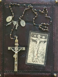 Antique Rosary Memento Mori Santa Muerte Late 1800s, Steel, Wood & Praying card - Picture 1 of 10