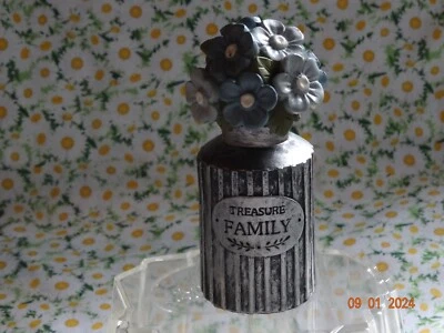 NEW BLOSSOM BUCKET "TREASURE FAMILY"  GALVANIZED POT  WITH  FLOWERS  #201-12699 - Image 1 of 4