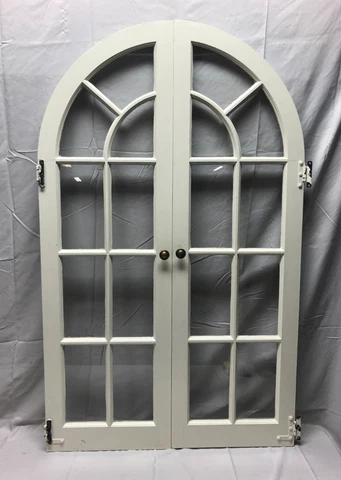 Pair Antique 9 Lite Arched Glass Cabinet Cupboard Window Doors VTG 15x50 140-23B Cover
