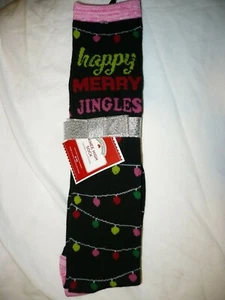 Holiday Time Women's Knee High Socks Happy Merry Jingles Shoe Size 4-10 Black - Picture 1 of 2