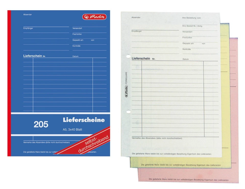 5 oder 10x herlitz Lieferscheine Nr. 205 Formularbuch Größe A5, 3x40 Blatt , SD - Bild 1 von 1