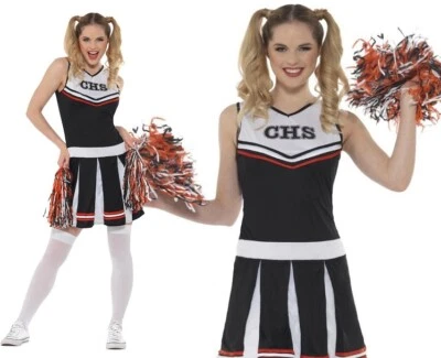 Damas Animadora Elegante Vestido Disfraz y Pom Poms Mujer Negro Conjunto de Smiffys Foto 1 de 4