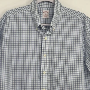 BROOKS BROTHERS Herren Hemd Large Button Up blau weiß kariert kurz Slv bügelfrei - Bild 1 von 5