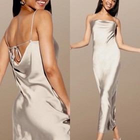 NWT🌹THE OCCASION L🌹ELITE LNE CHAMPAGNE SATIN COWL FRONT OPEN BACK HOLIDAY MAXI