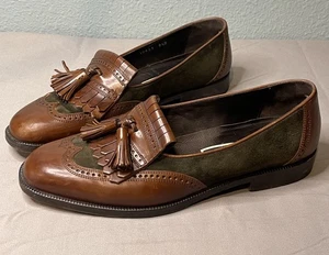 Cole Haan Bragano Brown Leather Tassel Loafers Dress Shoes Green Suede Size 9.5 - Picture 1 of 11