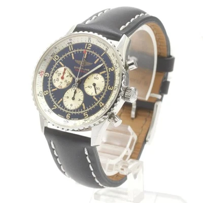 BREITLING NAVITIMER 92 FOOTBALL A30022 38mm SS Leather Navy Dial #C648 - image 1 of 4