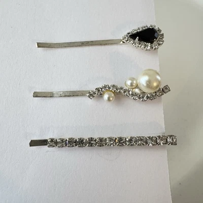 Vintage Hair Bobby Pin Rhinestone Faux Pearl Silver Tone Lot Of 3 Elegant Fancy - Image 1 of 4