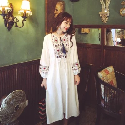 Damen Ethnisch Besticktes Kleid Groß Swing Maxi Blumenmuster Boho Cotton Leinen - Bild 1 von 4