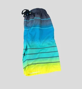 Burnside Men’s Medium Blue Yellow Striped Swim Surf Board Shorts Tie String - Picture 1 of 9